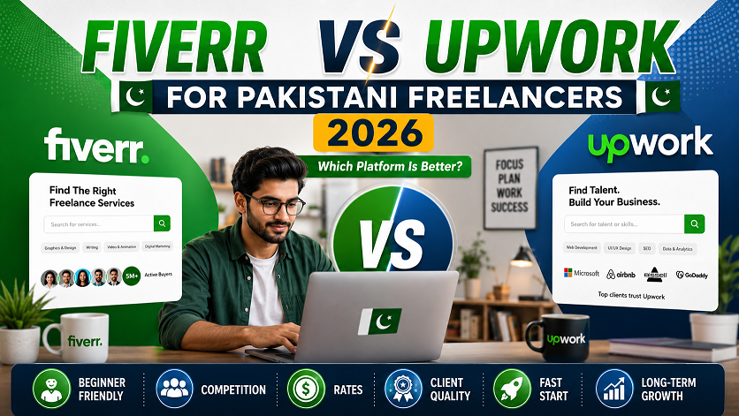 Fiverr vs Upwork comparison for Pakistani freelancers 2026 — fee structure, earning potential and payment methods guide