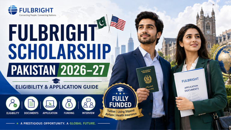 Fulbright Scholarship Pakistan 2026–27 — fully funded USA scholarship guide with eligibility, GRE requirement, April 1 deadline, Master’s and PhD application steps