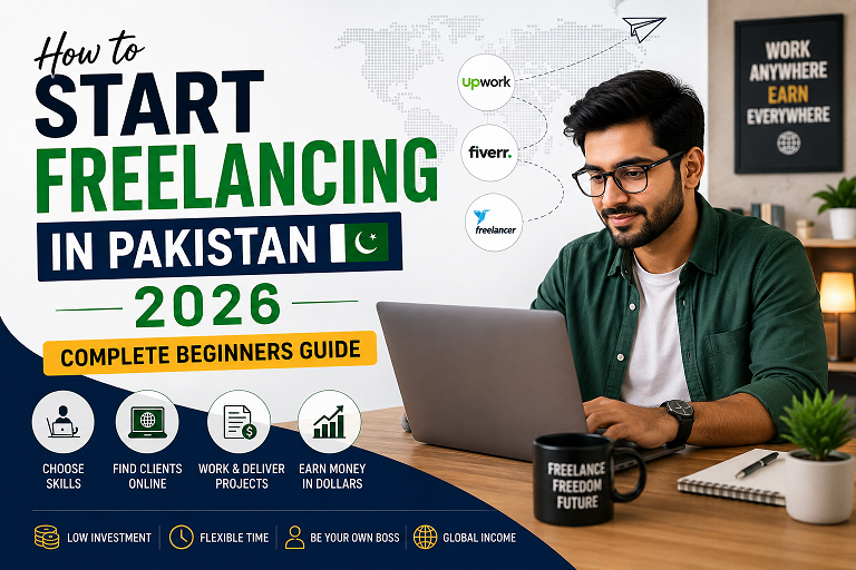 How to start freelancing in Pakistan 2026 — Fiverr and Upwork beginner guide showing income timeline and skill selection chart