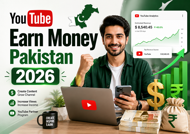 YouTube Earn Money Pakistan 2026 — guide showing YouTube monetization, AdSense income, Pakistani creator setup and video content strategy
